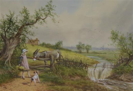 Horace Millburne, pair of watercolours, children beside streams, signed, 24 x 34cm